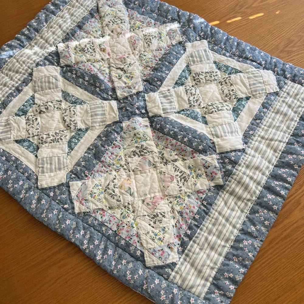 Pair floral quilted standard pillowcase shams cottagecore shabby chic blue white